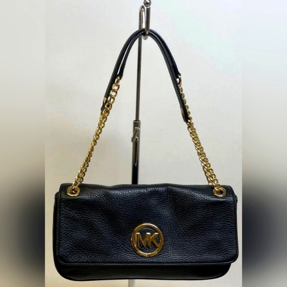 Michael Kors Mk Fulton Flap Foldover Black Shoulder Bag Purse Handbag